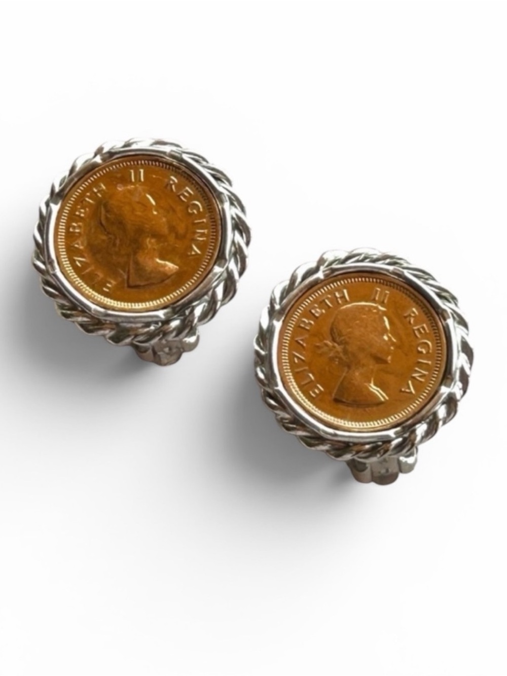 Vintage Signed LERU Gold and Silver Tone Faux Coin  Clip On Earrings 1”